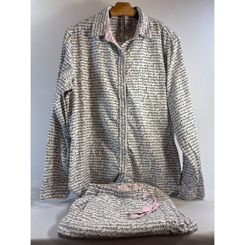 Victoria's Secret Script Logo Pajama Set Large Cotton Silk Trim Cream Navy Pink